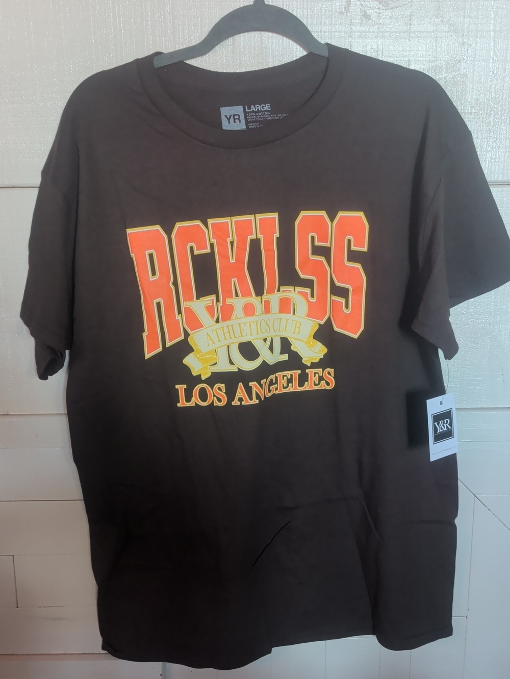 Young & Reckless Brown Tee with Orange and Yellow RCKLSS Los Angeles Graphic